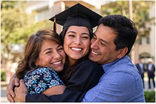 Hija graduada abrazada por sus padres, imagen ilustrativa