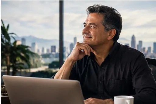 Hombre pensativo planeando su retiro frente a su laptop, imagen ilustrativa